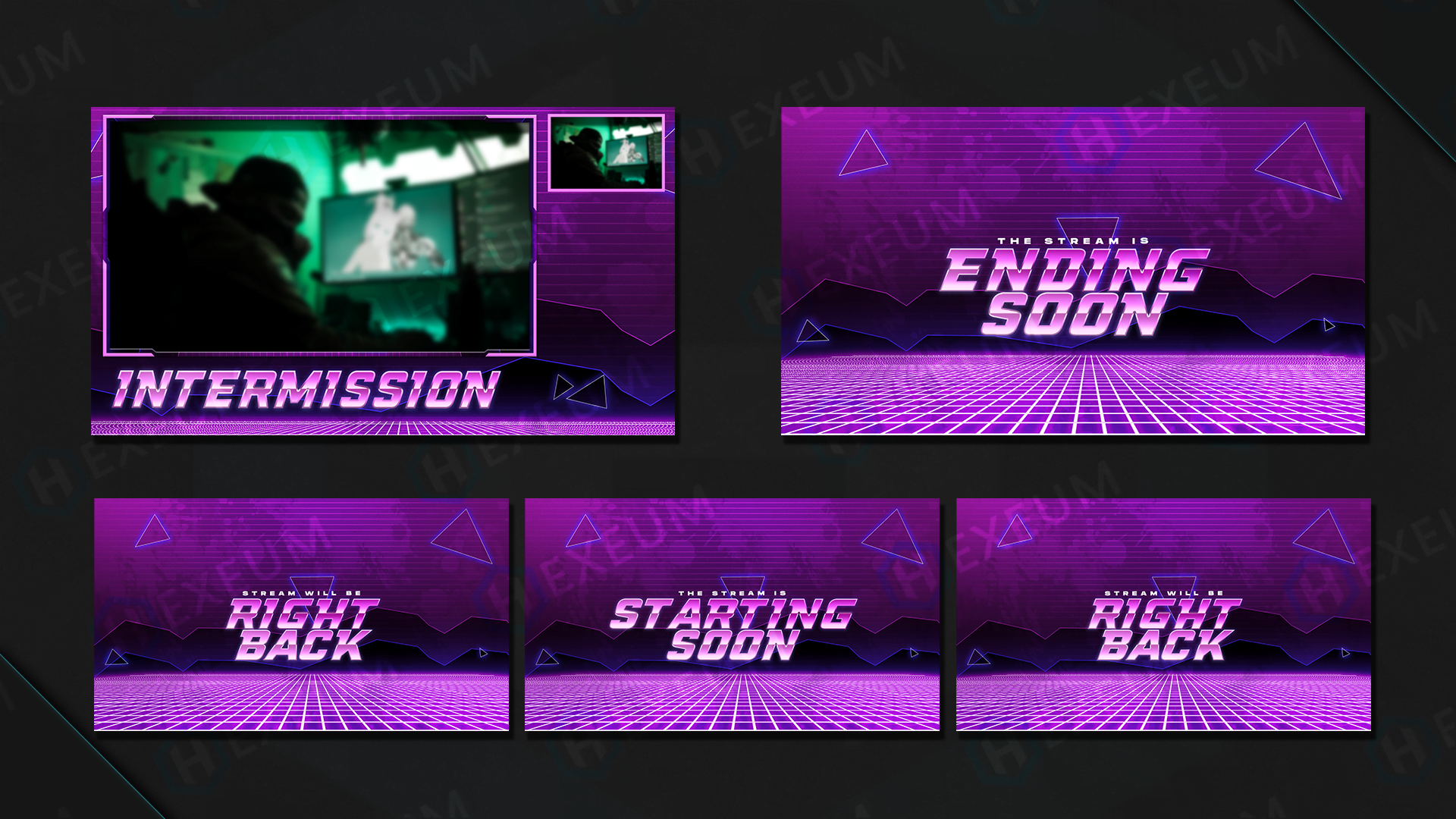 twitch overlay preview depicting purple screens with vaporwave aesthetics
