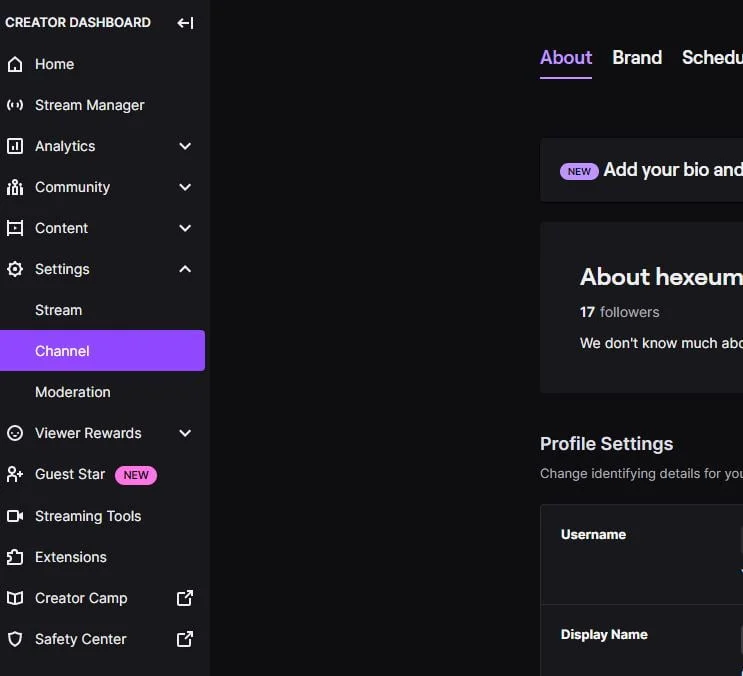 channel settings in Twitch creator dashboard