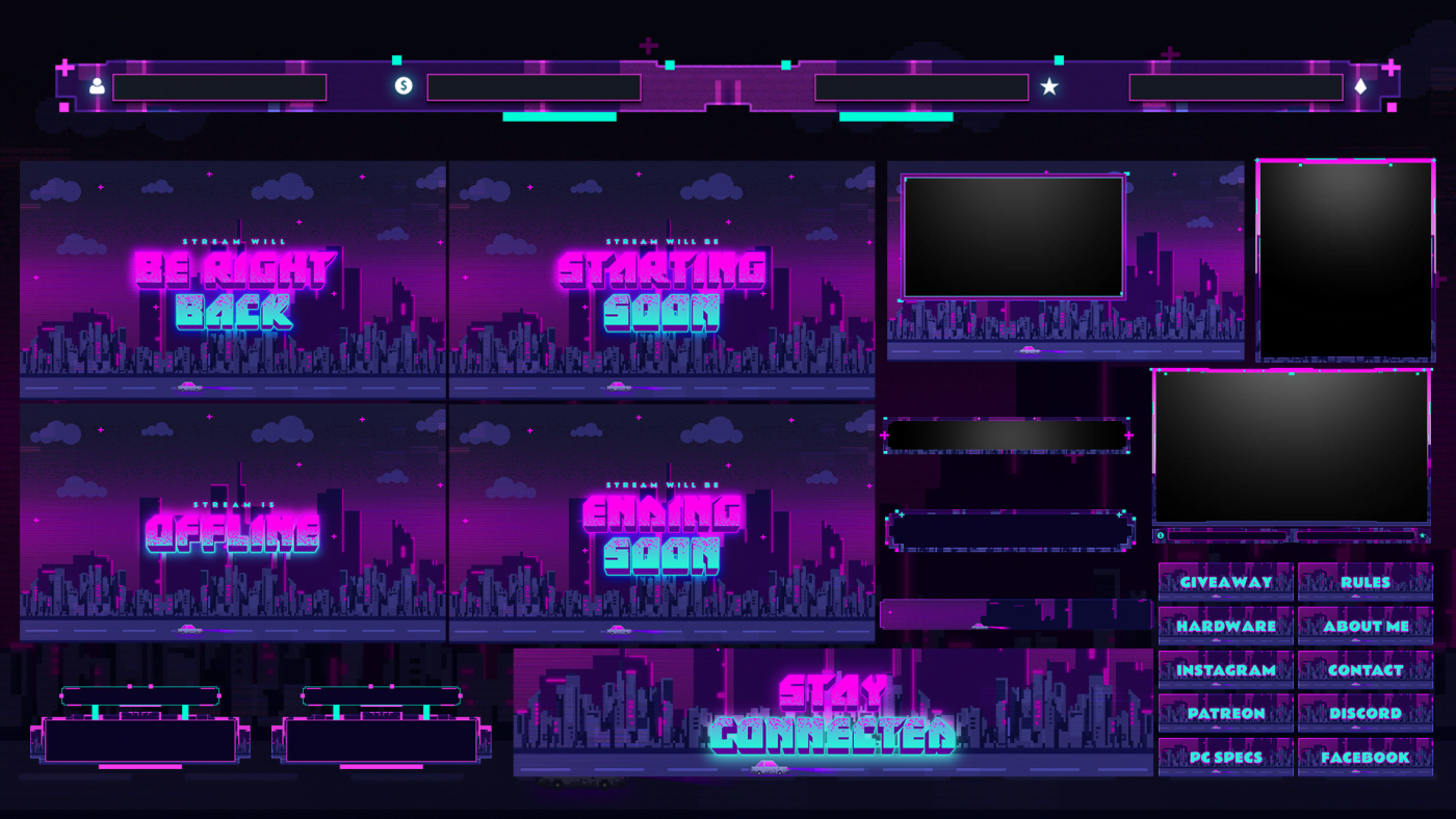 Pixel City, Pixel Themed Animated Twitch Overlay Package - Hexeum