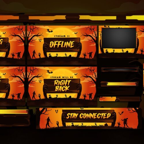 spooky twitch overlay package for halloween with zombies graveyard bats