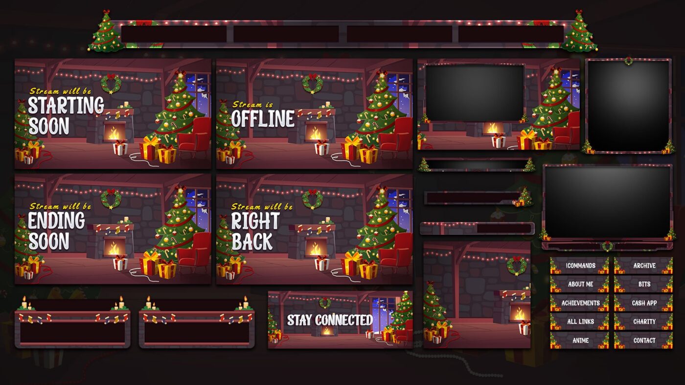 twitch overlay package preview set in a cosy room with christmas decorations