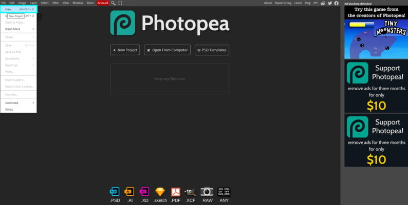 creating a new project within photopea