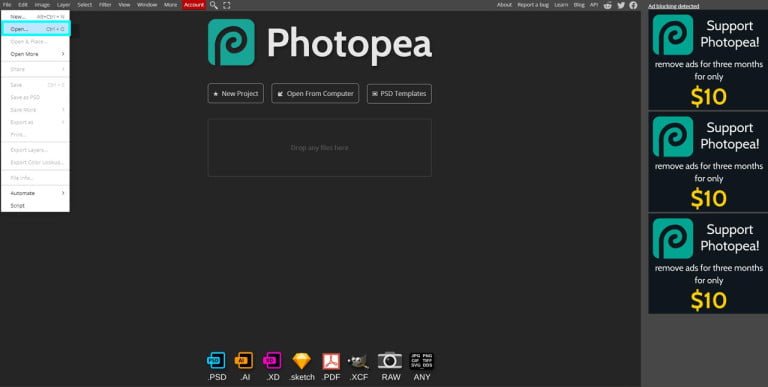 opening a psd file in photopea