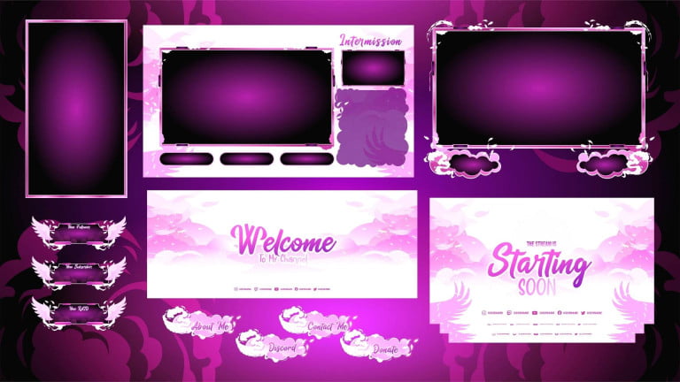 twitch graphics with bright pink and purple colors