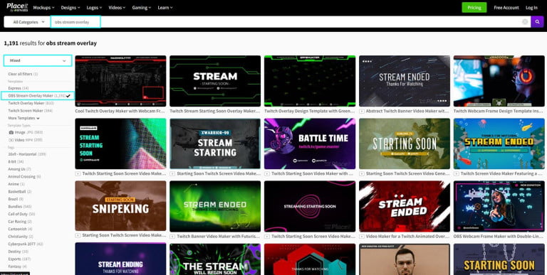 searching for stream overlay templates to create on placeit