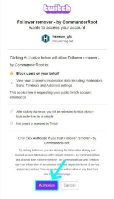 authorizing twitch account with commander roots follow tool