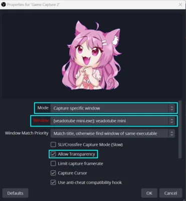 game capture settings in obs for adding PNGTuber