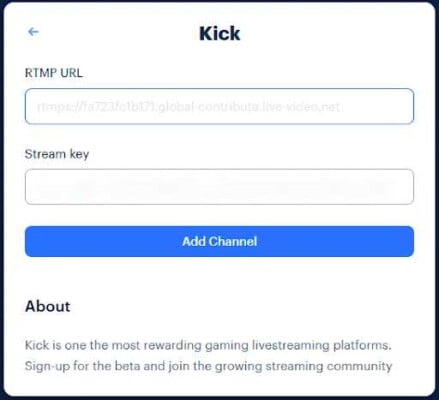 kick streaming rtmp and server url input dialog