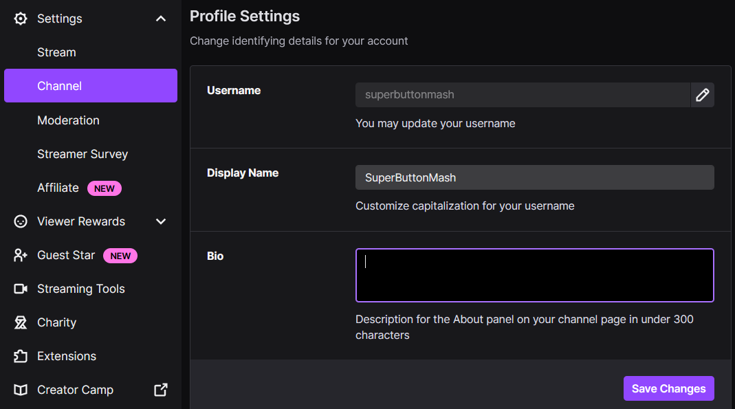 changing your twitch bio