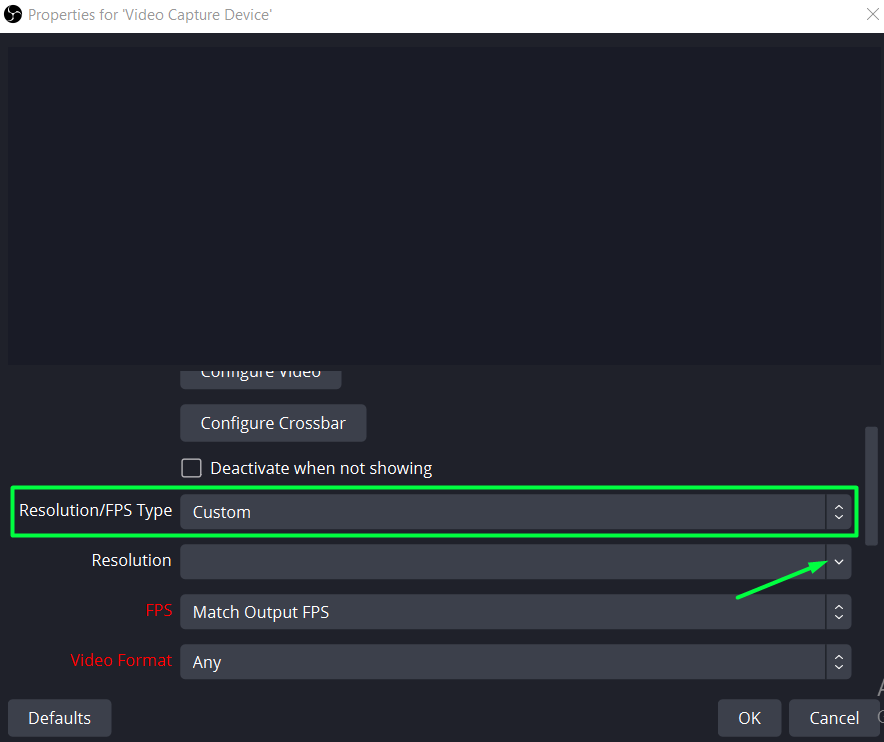 video capture device resolution settings