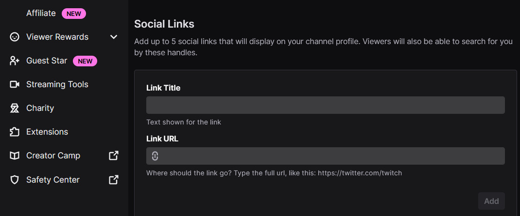 social links twitch customization