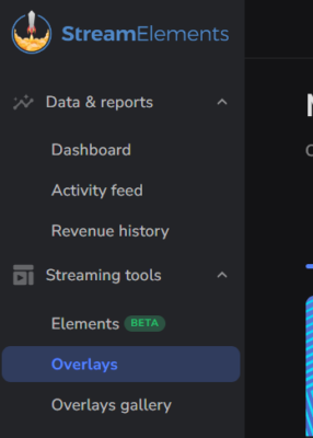 streamelements sidebar with overlays selected