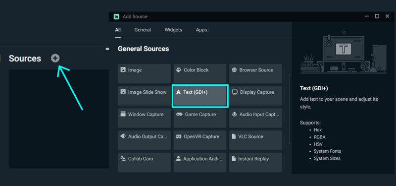 adding a text source in streamlabs