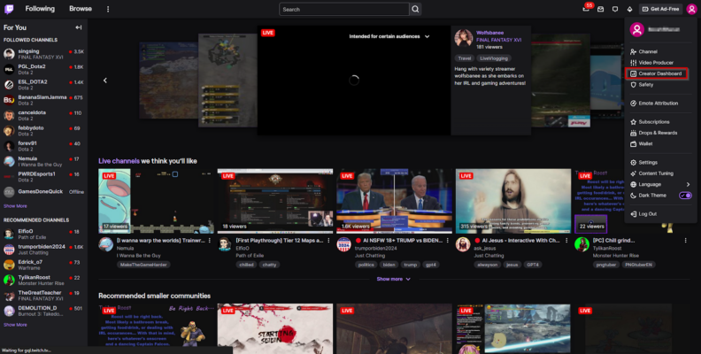 twitch creator dashboard selection from the avatar dropdown menu