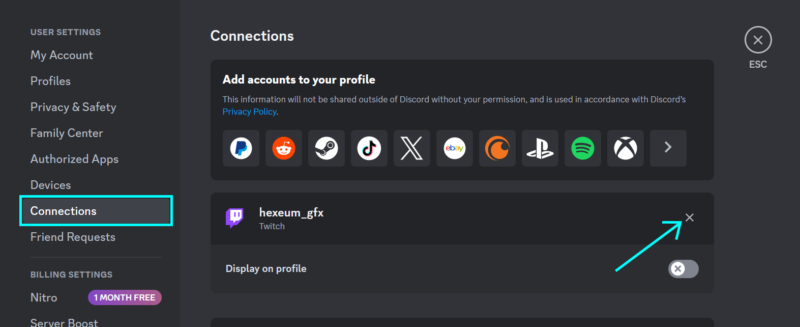 arrow pointing at the unlink button for twitch integration in discord