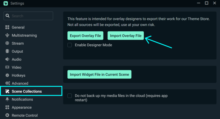 import scenes collections button in streamlabs desktop