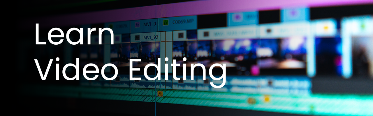 learn video editing banner with premiere pro in background