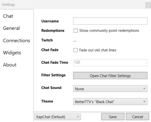 settings page for adding username to the transparent twitch chat tool