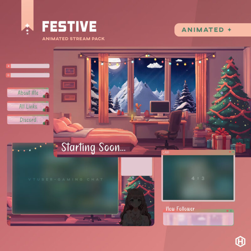 twitch overlays depicting a bedroom during christmas time
