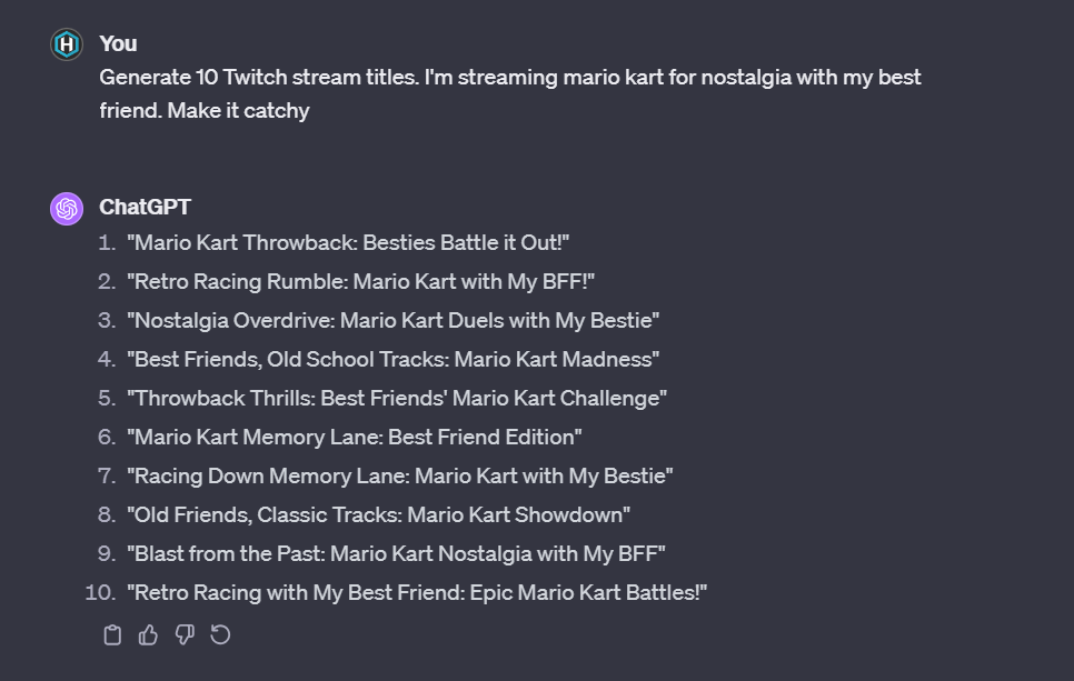 chatgpt screenshot showing how it can generate stream titles for twitch