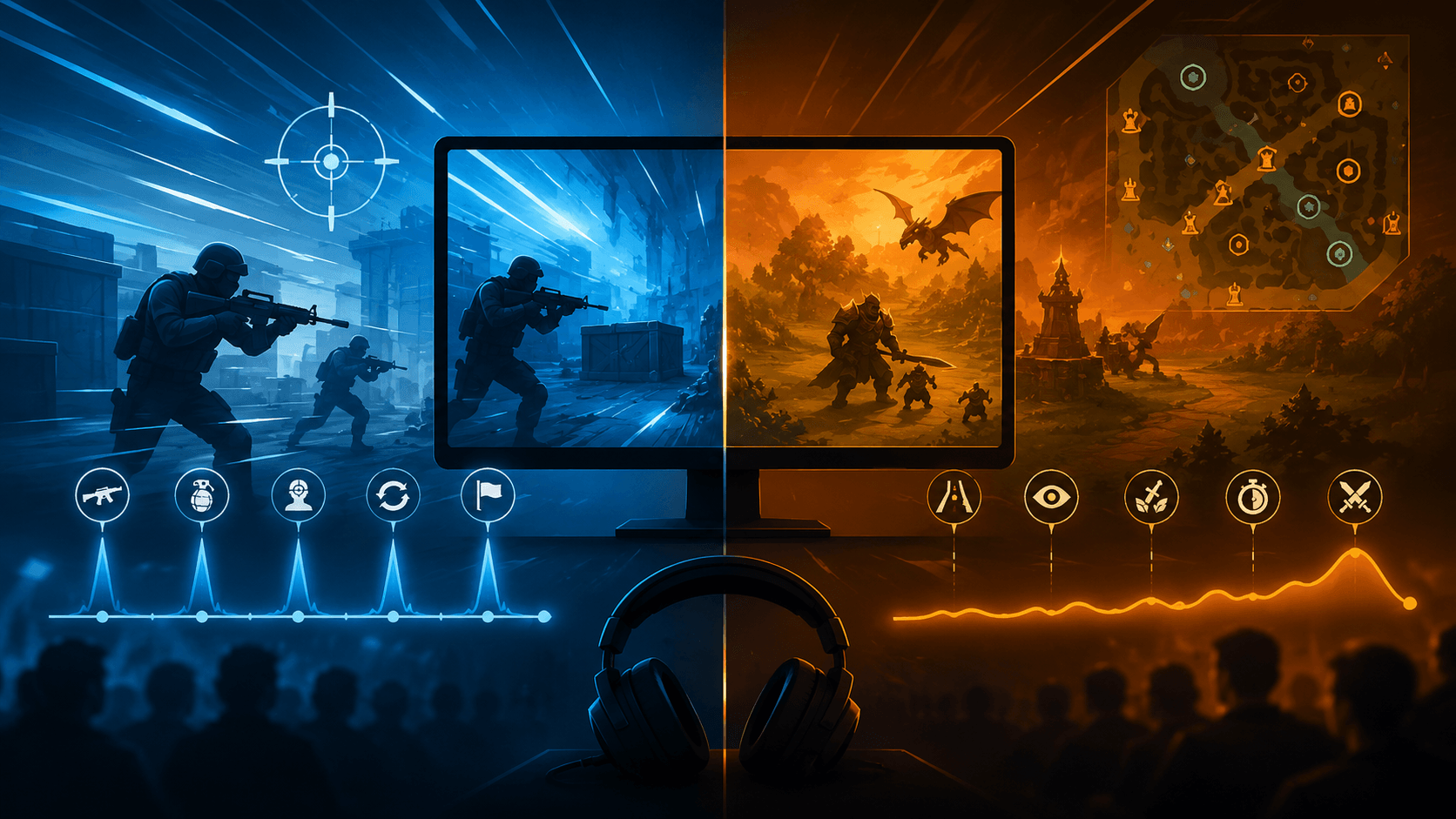 FPS and MOBA esports split screen
